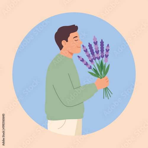 Man smelling fresh lavender bouquet. Flat design vector illustration of aromatherapy and nature concept. Floral graphic element