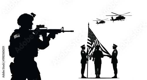 Silhouette of Soldier with Rifle and Military Helicopter Formation with Flag Raising Ceremony
