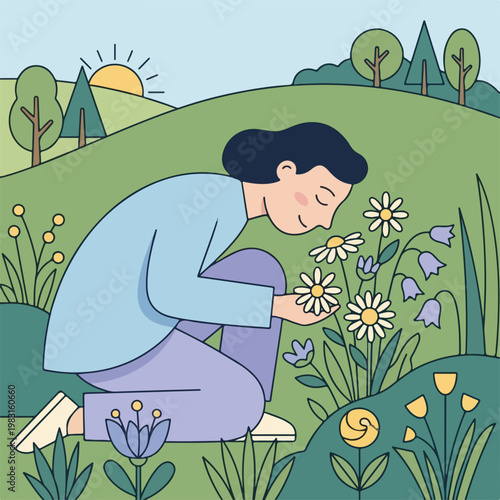 Woman smelling meadow wildflowers in nature. Spring landscape with daisies and hills. Flat design line art vector illustration