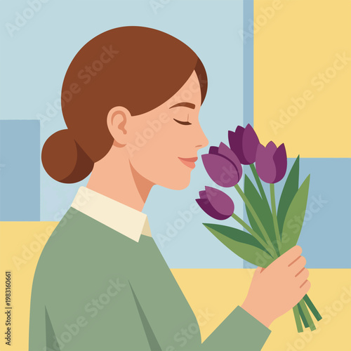 Woman smelling purple tulips bouquet in profile. Spring floral gift concept. Minimalist flat design vector illustration