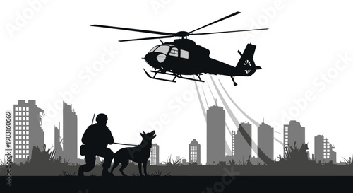 Soldier with dog and helicopter in destroyed city, rescue mission, post-apocalyptic scene
