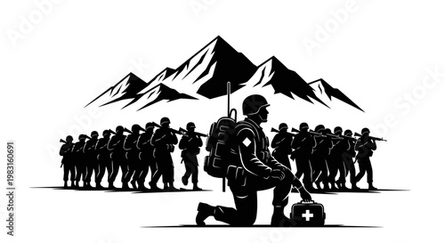Soldier with First Aid Kit Kneeling, Military Unit and Mountains Background, Black and White Silhouette