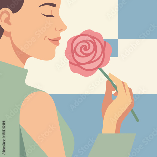 Woman smelling a pink rose. Minimalist flat design vector illustration of beauty and fragrance concept. Abstract geometric background