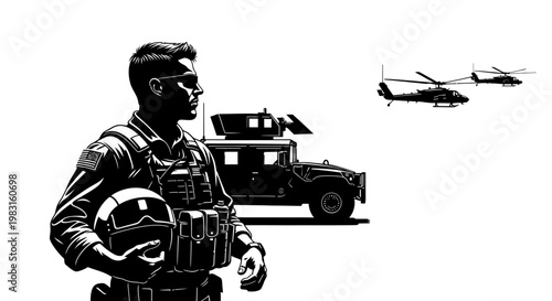 Soldier with Helmet and Humvee, Helicopters Flying, Military Scene, Black and White