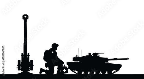 Soldier with Tank and Artillery Gun Silhouette, Military Medical Aid Concept