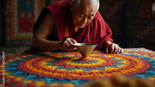 Elderly Tibetan monk creating intricate sand mandala pattern with metal funnel