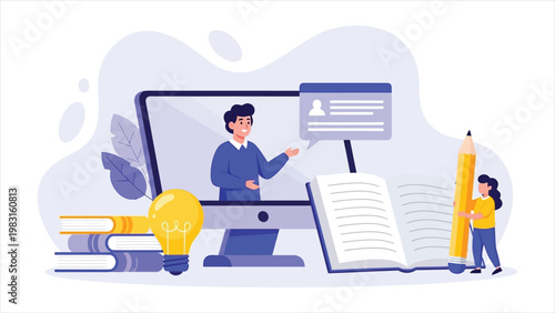 Online education and digital learning concept featuring a female teacher on a computer screen instructing a young girl student with books and a giant pencil