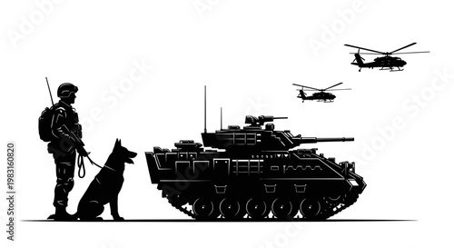 Soldier, Military Dog, Armored Vehicle, and Helicopters Silhouette - Army Power