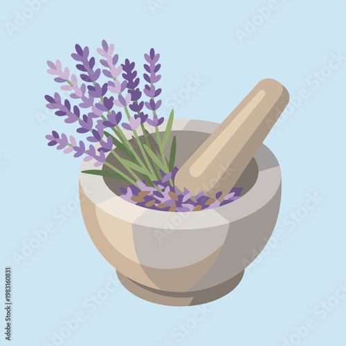 Lavender in stone mortar and pestle. Herbal medicine and aromatherapy flat design vector illustration