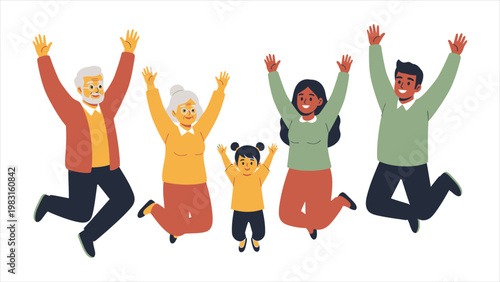 Multiethnic elderly men and women with a little girl jumping for joy, concept of healthy lifestyle, active aging, and family happiness in a flat vector style.