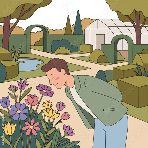 Man smelling flowers in a botanical garden. Flat line art vector illustration of a park landscape. Nature appreciation and leisure concept