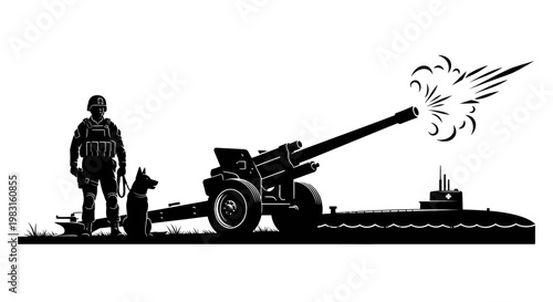 Soldier, Military Dog, Artillery Cannon Firing, Submarine Silhouette