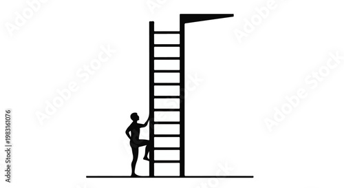Silhouette of a person starting to climb a very tall ladder to success