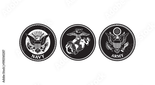 United States military seals navy marine corps army emblems, circular badges with eagles and globes.