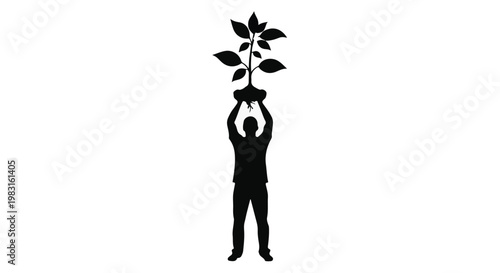 Silhouette of person holding plant upwards, eco-friendly concept, sustainability, environmental conservation, green initiative, black silhouette on white background