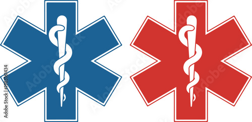 Konstfotografi Blue and red Star of Life medical emergency symbols with Rod of Asclepius vector