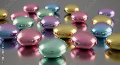 Collection of Shiny Iridescent Smooth Round Objects on a Reflective Surface.