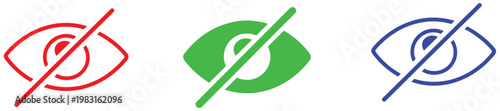 Hidden or not visible eye icon set, privacy incognito and unseen symbol in various styles, collection of crossed eye and hidden vision icons representing anonymity, security, and restricted visibility