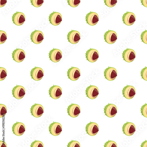 Chestnut fruits with green hulls creating a seamless autumn pattern