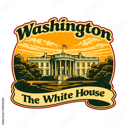 Washington DC White House Retro Travel Illustration