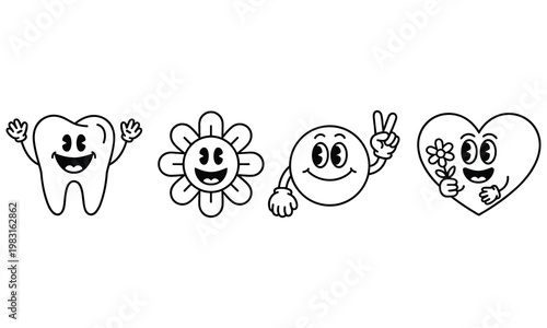 Four cute cartoon characters with smiling faces and playful gestures on white background for design and illustration purposes