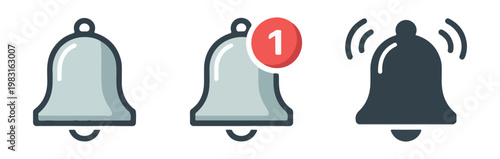 Light blue notification bell icons with one alert and sound waves isolated on transparent background.