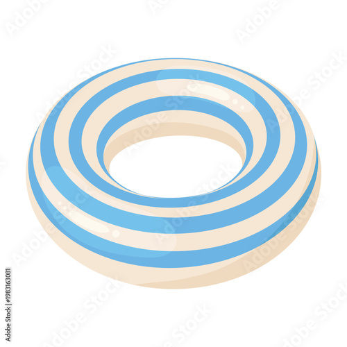 Blue and white striped inflatable swim ring. A summer accessory for playing in the pool, sea, and ocean. Isolated vector illustration on a white background.