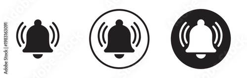 Ringing bell icons enclosed in circular frames showing solid and inverted styles for button design projects.