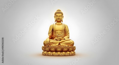 Golden buddha statue sitting in lotus position on a pedestal, isolated against a soft gray background