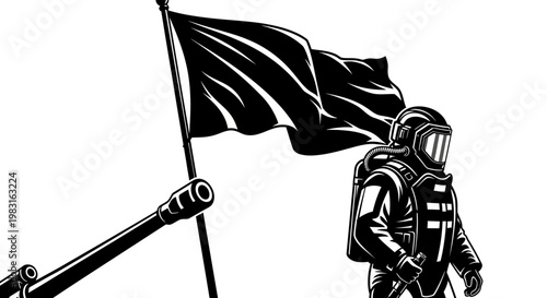 Astronaut with Black Flag and Futuristic Weapon
