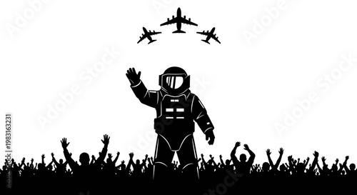 Astronaut Waving Goodbye to Crowd with Airplanes Flying Overhead