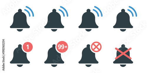 Set of notification bell symbols including active alert mute and message count badges for mobile application.