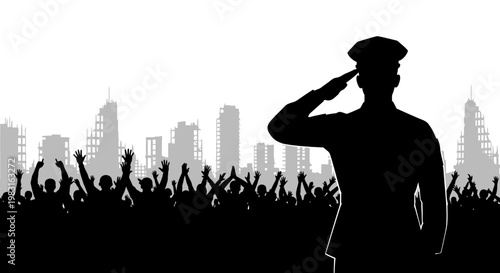 Heroic Soldier Salutes Crowd Against Ruined Cityscape Silhouette