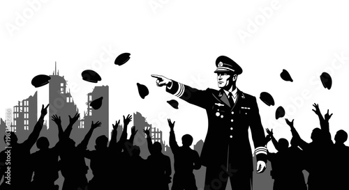 Leader in uniform points finger at cheering crowd with ruined city background