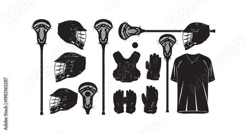 Collection of black and white lacrosse equipment including sticks, helmets, pads, and jersey on a white background.