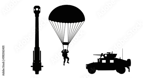 Military equipment and paratrooper silhouette, artillery gun, parachute jump, tactical vehicle