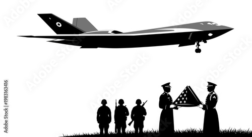 Military funeral with fighter jet flyover and flag ceremony