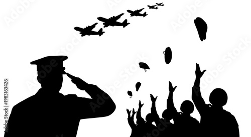 Military funeral flyover with soldier saluting and crowd throwing hats