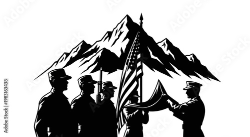 Military Honor Guard with American Flag and Mountains Silhouette
