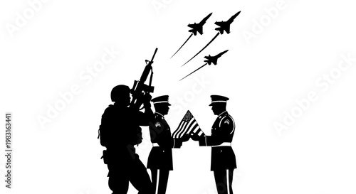 Military Honor Guard Presents Flag with Fighter Jets Flyover Silhouette