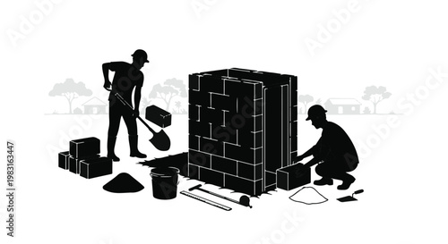 Two construction workers building brick wall with tools and materials outdoors in daytime