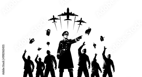 Military Leader Directs Airplanes, Crowd Cheers in Silhouette