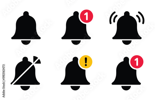 Digital alert bell icons collection featuring notification states with message counters and warning labels.