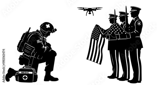 Military medic kneeling before flag bearers and drone, honoring fallen soldier