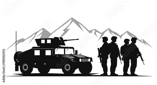 Military Humvee and Soldiers Silhouette Against Mountain Background