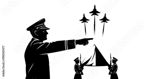Military Leader Directs Air Force Jets in Formation Above Flag Bearers