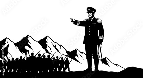 Military Leader Directing Troops in Mountains - Black and White