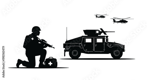 Military Medic with Humvee and Helicopters Silhouette - Combat Rescue and Support