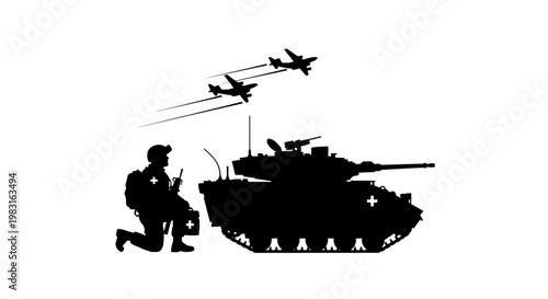 Military Medic and Tank with Air Support Silhouette