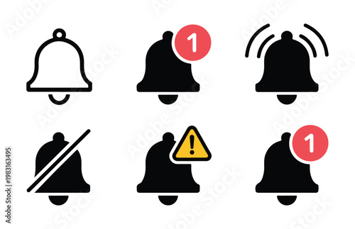 Notification bell icon set with various status indicators including alerts mute and unread message badges.